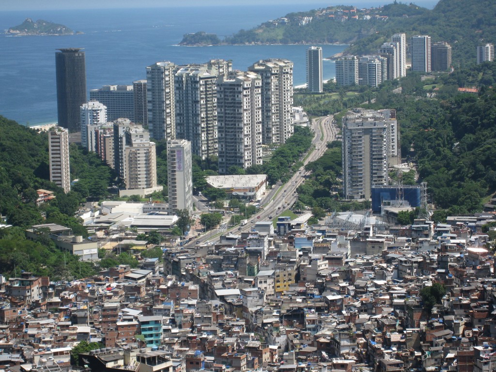 A slum in Brazil. Rocinha favela is next to skyscrapers and wealthier parts of the city, a location that provides jobs and easy commute to those who live in the slums.