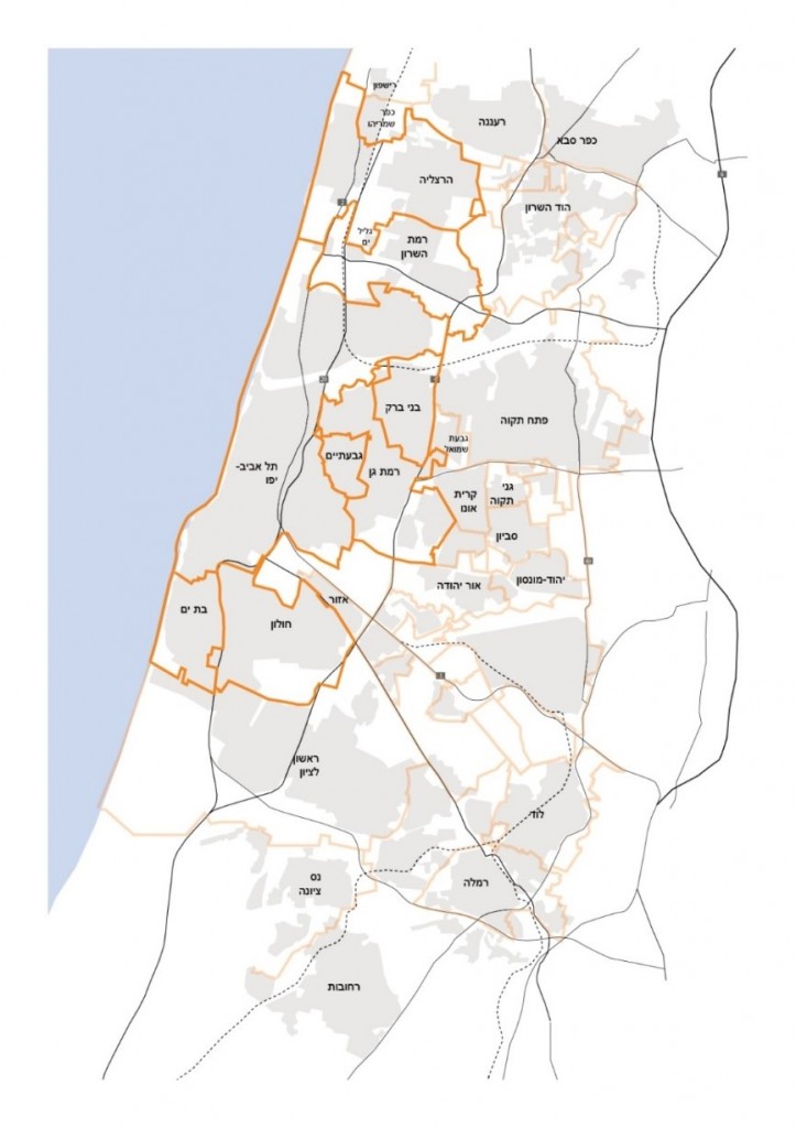 איור 3. מפת הערים הנבחנות במחקר במישור השיח במטרופולין תל אביב